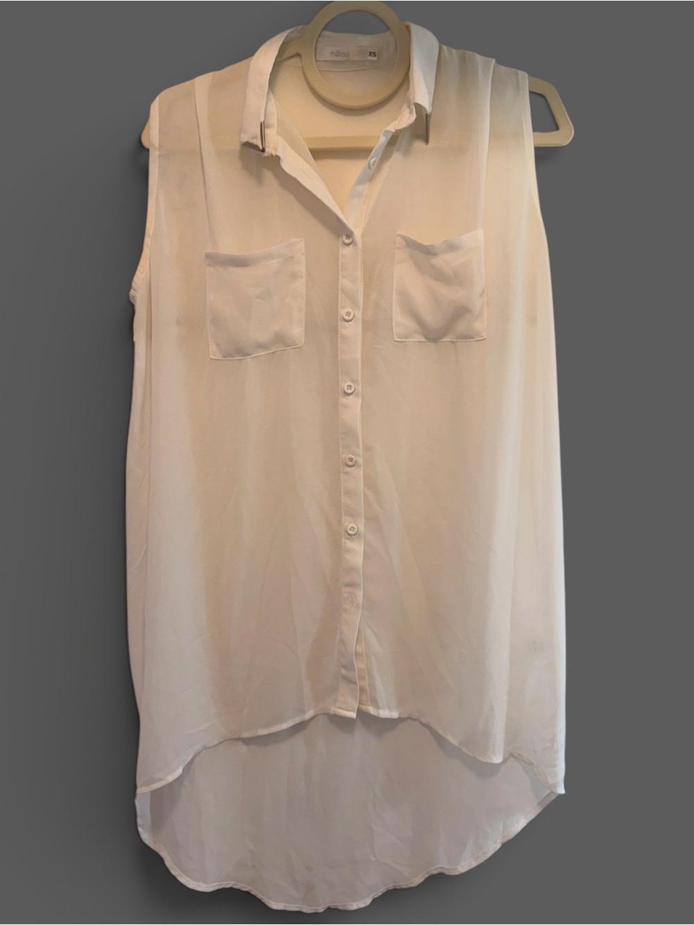 Millau Women’s Sheer Sleeveless Button-Down Blouse in White, Size XS.